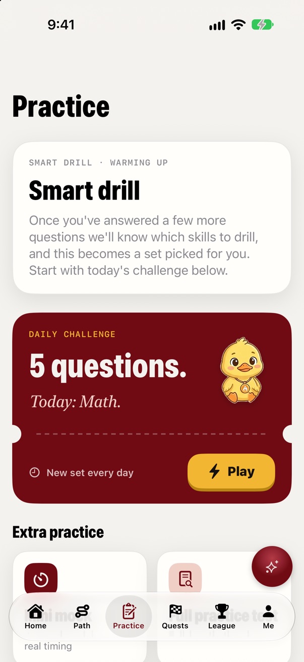 The PremierPrep app's Practice screen, with a Smart Drill card and a five-question Daily Challenge in math.