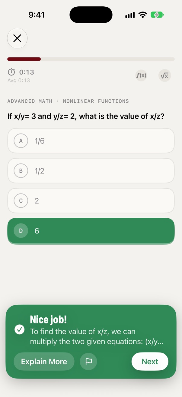 A PremierPrep SAT math question answered correctly, with a Nice job message, a short explanation, and an Explain More button.