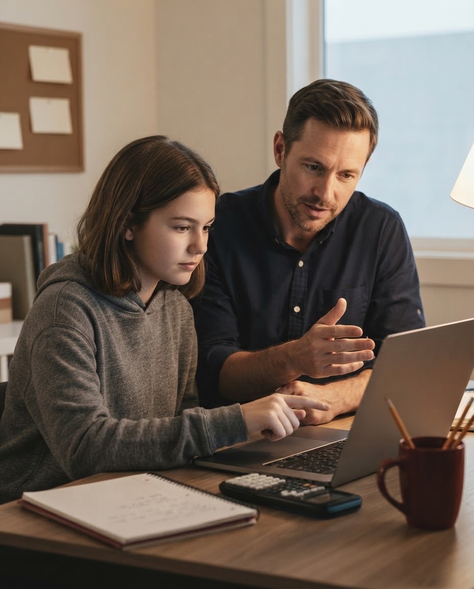 A tutor explaining a problem to a high school student as she works on a laptop