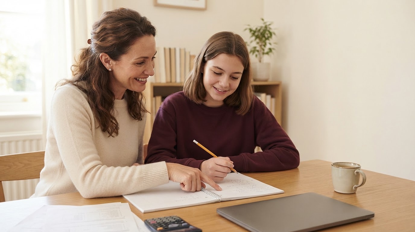 A tutor and a teenage student smiling as they work through a math lesson together at a table